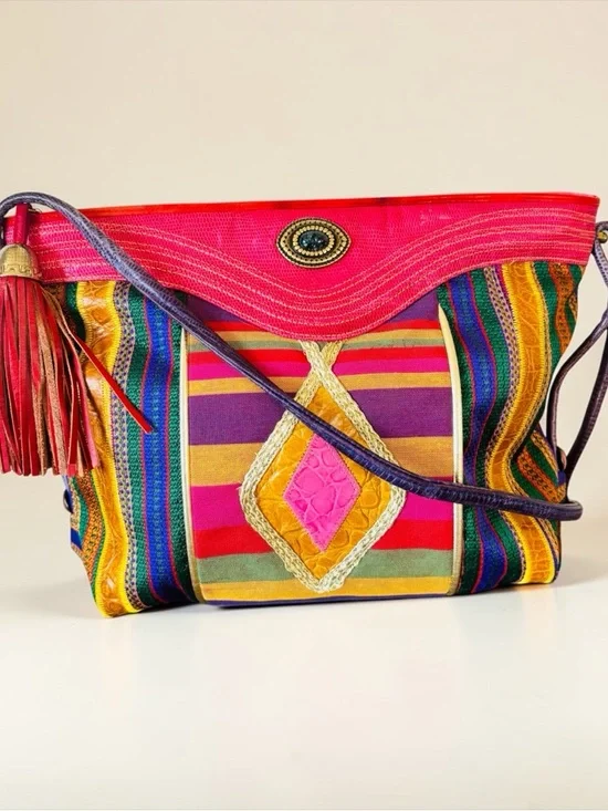 Vintage Sharif Colorful Striped Crossbody Bag with Tassel Accent zip closure - Picture 1 of 6